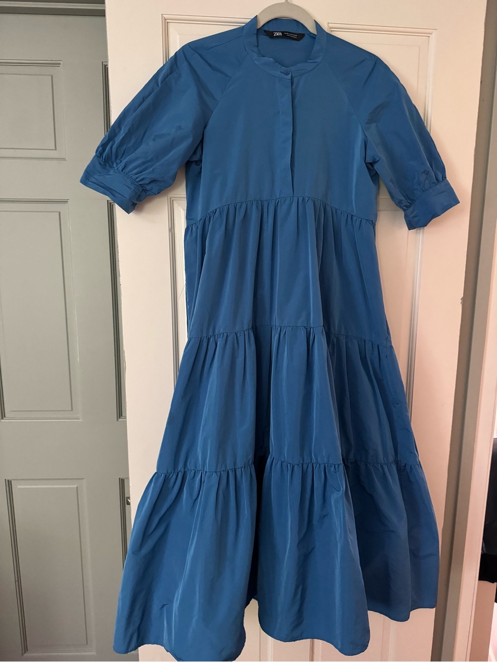 Zara Blue Tiered Puff-Sleeve Dress